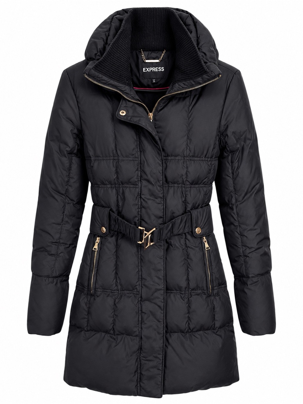 Express Black Quilted Belted Puffer Coat with Gold Hardware